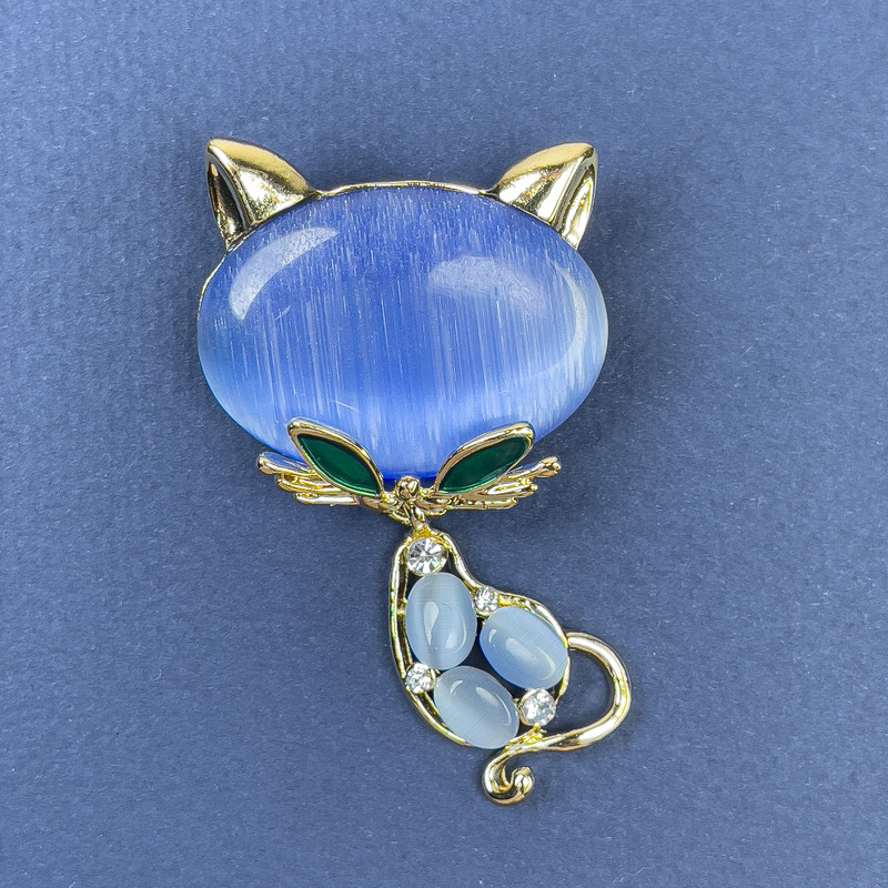 Cat Brooch Blue Cat's Eye White Crystals Gold Metal 34x58mm+