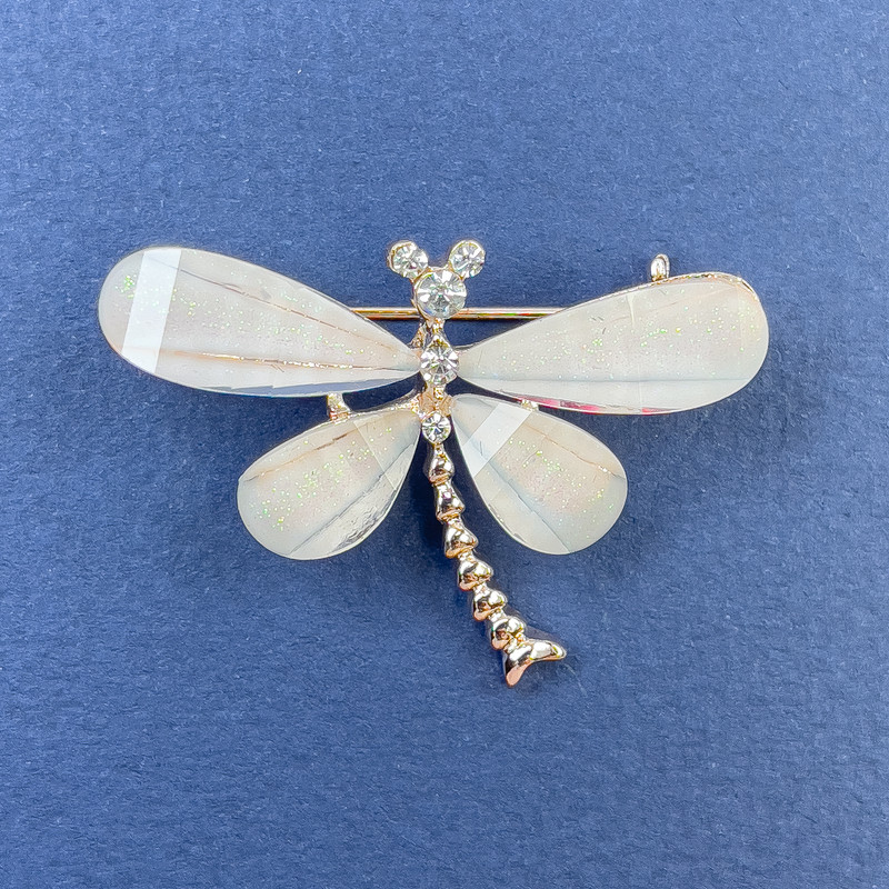 Butterfly Brooch with White Crystals, Pale Pink Color, Gold-Toned Metal, 40 mm Diameter, 30 mm Length