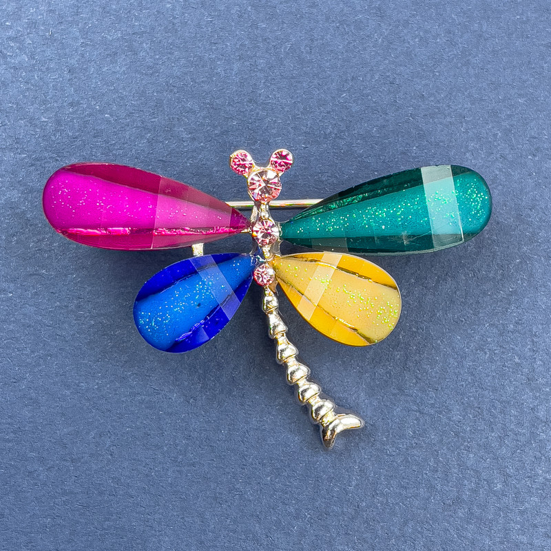 Butterfly Brooch with White and Pink Rhinestones on Gold-Tone Metal, Diameter 40mm, Length 30mm