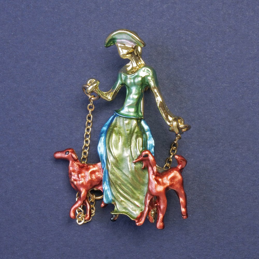 Brooch Pendant 'Lady with Dogs' on Chains, Enamel, Golden Metal 32×45 mm +