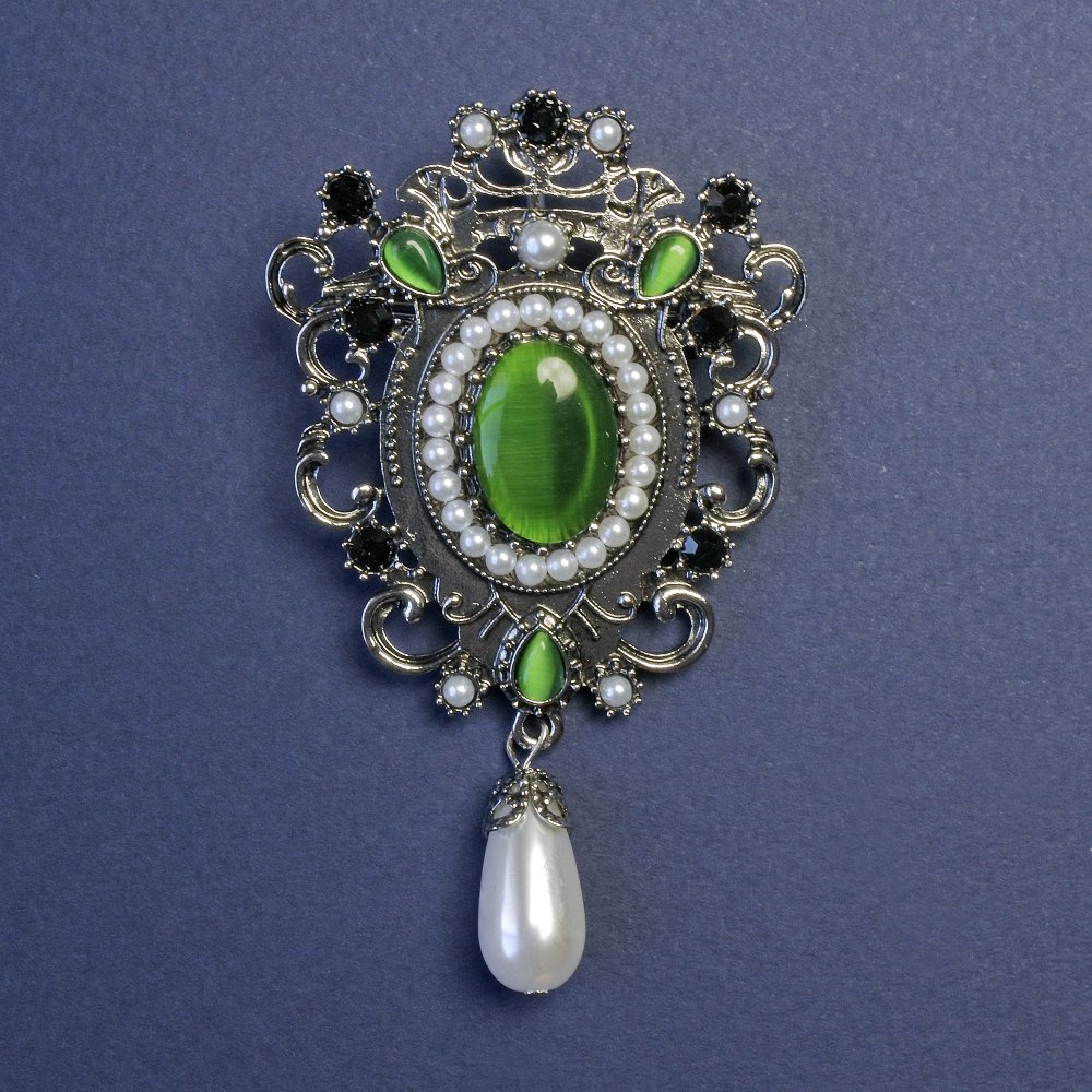 Accent Green Cat's Eye with Pearls Brooch-Pendant in Silver Metal 47x80mm+