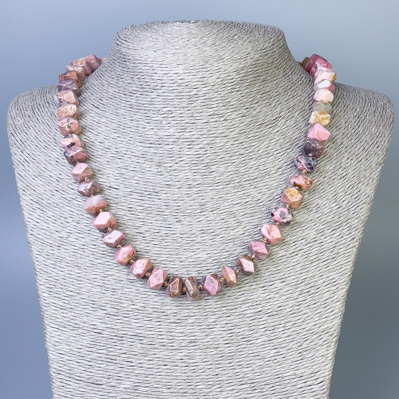 Faceted rhodonite necklace, 10–13×7 mm beads, 50 cm length with clasp