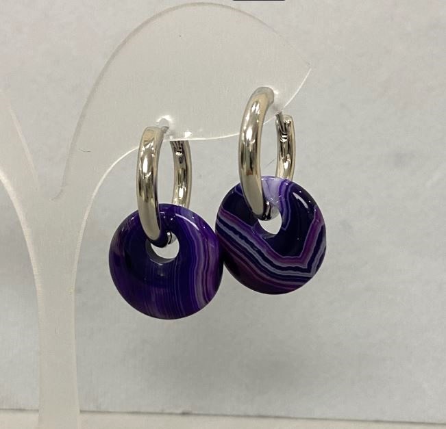 Purple Agate Donut Earrings, 18mm diameter ± hoop ear wire, length 30mm ±