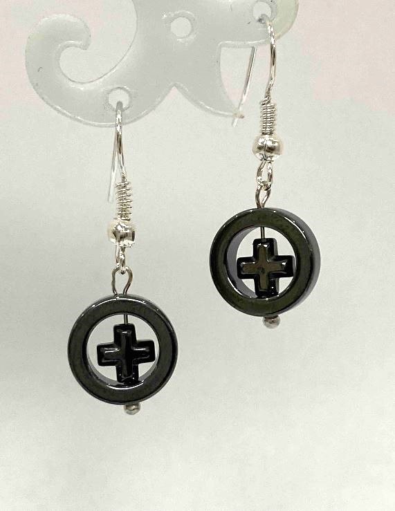 Hematite Earrings 'Cross in a Circle', diameter 12mm±, length 33mm±