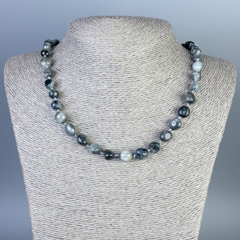 Hawk's Eye Necklace, Faceted Beads, 8–12×9 mm, 50 cm length ± with clasp