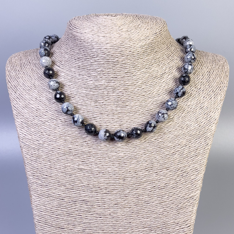 Snow Obsidian Apache Tears Beaded Necklace, 10 mm faceted beads, about 50 cm long with clasp