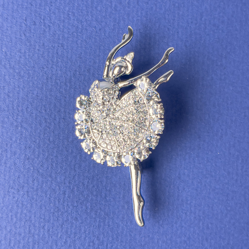 Brooch Ballerina with White Crystals, 51x26 mm, Silver-Toned Metal