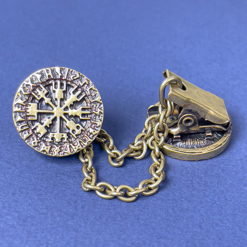 Брошка для кардиганів колір металу бронза, діаметр 20мм+- ланцюжок, довжина 9см+