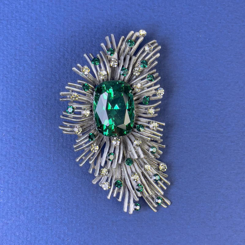 Accent Brooch with White and Green Rhinestones, Green Crystal, Dark Gray-Silver Metal, 60x36 mm
