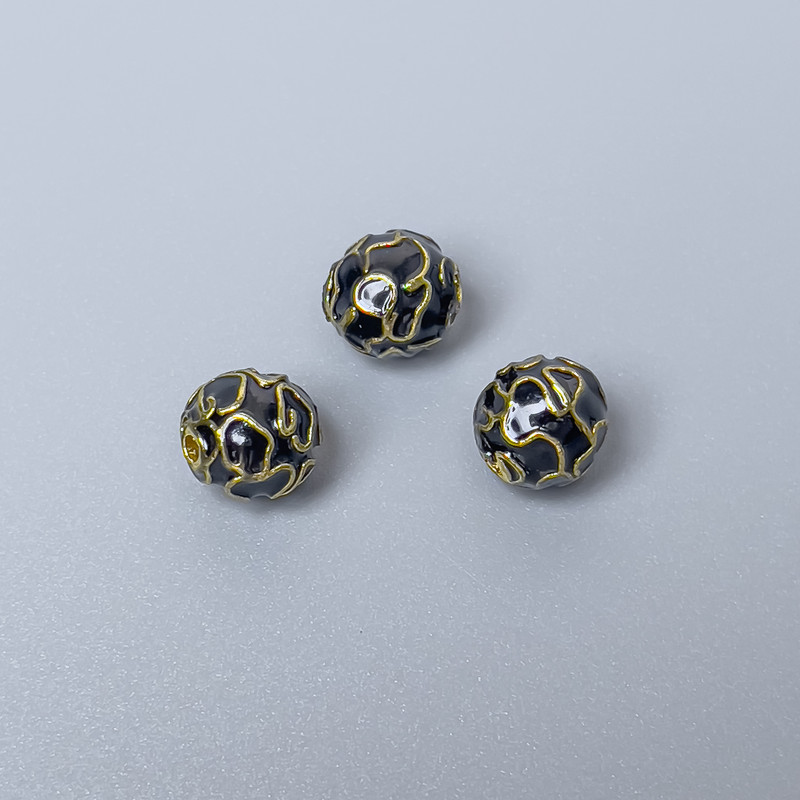 Cloisonné Bead Findings, Black Enamel, 8 mm diameter, bore 1.5 mm, gold-tone metal, 1 piece