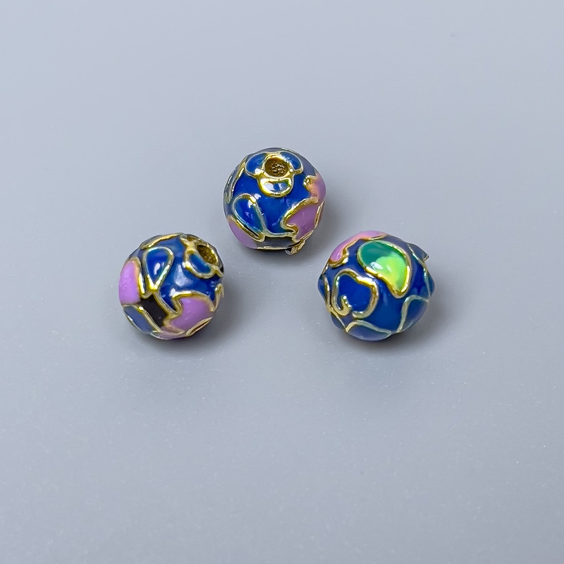 Cloisonné Bead Findings Blue-Purple-Green Enamel, 8mm Diameter ± 1.5mm Hole, Gold-Tone Metal, 1 pc