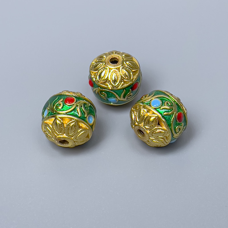 Cloisonné Bead — Green, Red & Blue Enamel, 11 mm diameter, hole 1.8 mm, gold-tone metal, 1 pc