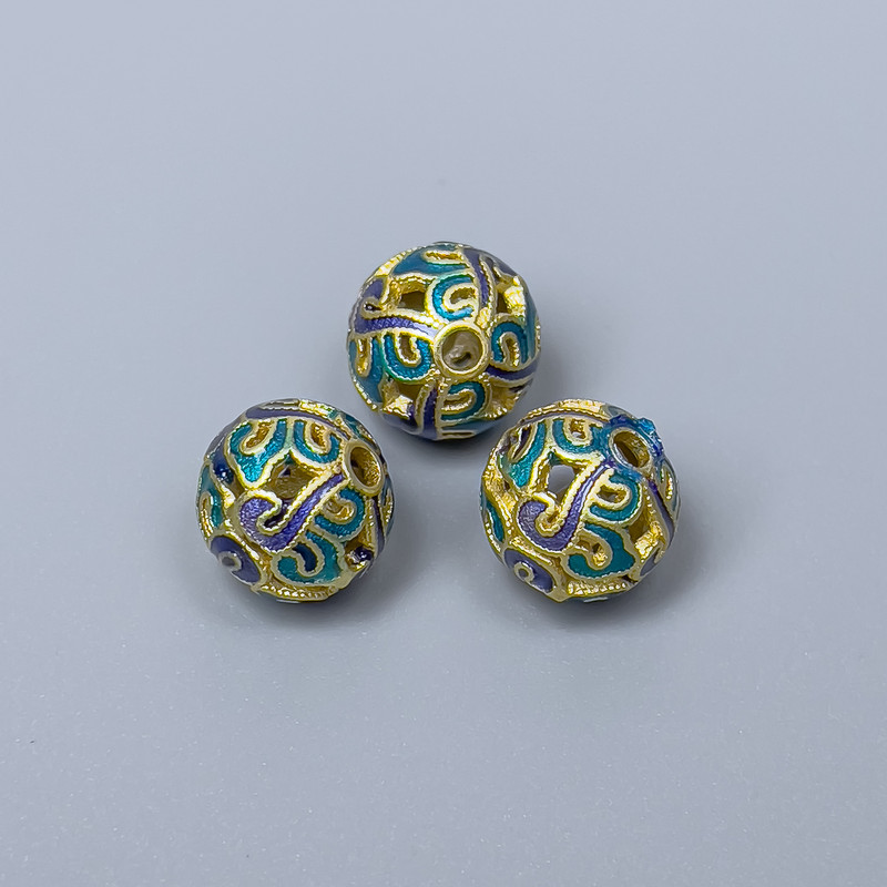 Cloisonné Bead, Blue Turquoise Enamel, 10mm Diameter ±, Hole Diameter 2mm, Matte Gold-Tone Metal, 1 Piece