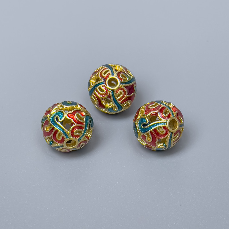 Cloisonné Bead, red and turquoise enamel, 10 mm diameter, 2 mm hole, gold-tone metal color, 1 pc