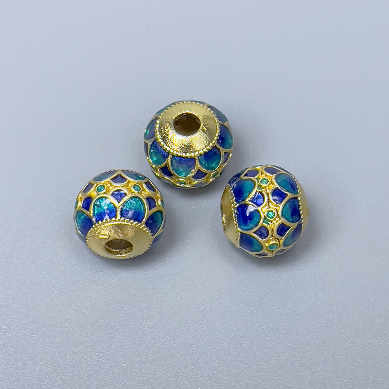 Cloisonné bead blue turquoise enamel, 10x9 mm diameter, 3 mm hole, gold-tone metal, 1 pc