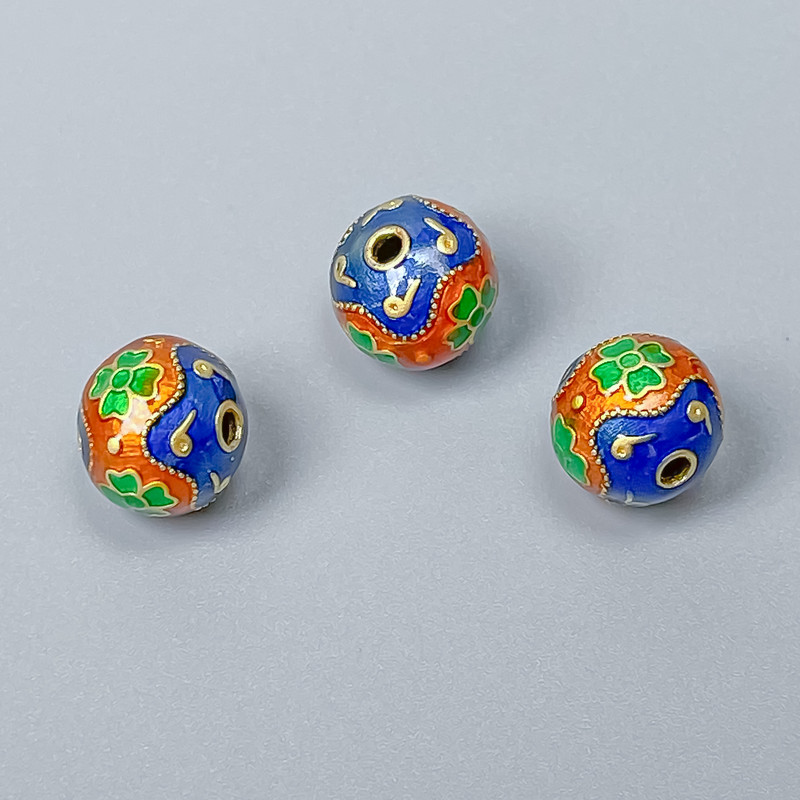 Cloisonne Bead Blue Green Orange Enamel, 10 mm diameter ±, hole diameter 2 mm, gold-tone metal color, 1 pc