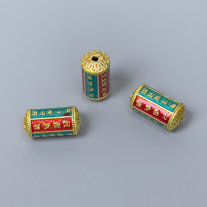 Cloisonné Bead Cylindrical, Green and Red Enamel, diameter 7×14 mm, hole diameter about 1.5 mm, gold-tone metal color, 1 pc