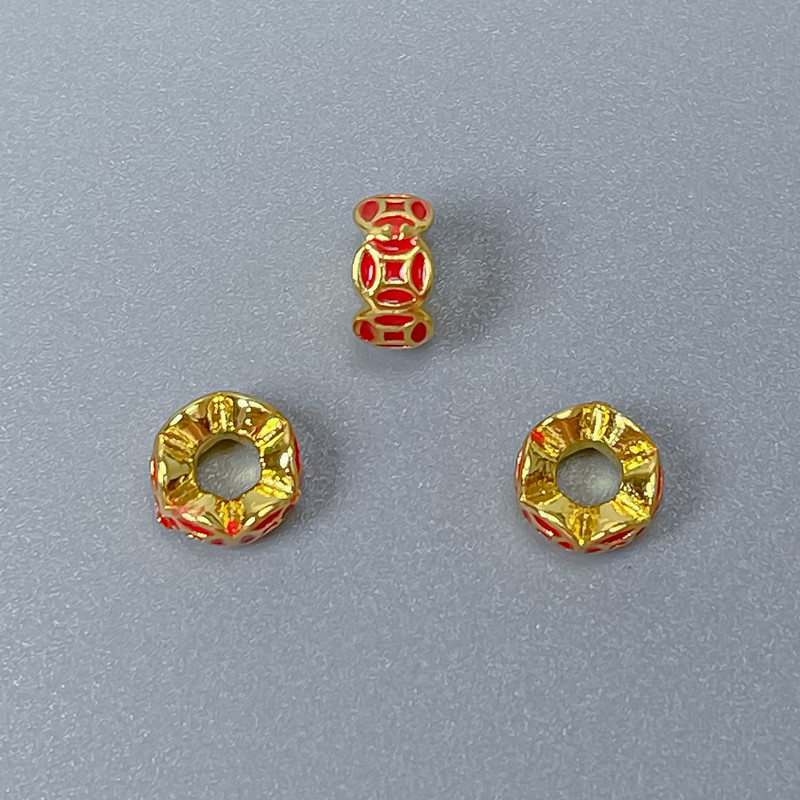 Cloisonné bead, red rondelle, 6x3 mm, hole diameter ~2.8 mm, gold-tone metal, 1 piece