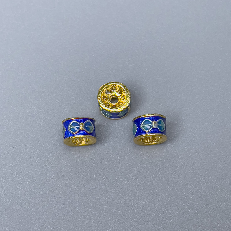 Cloisonné Rondelle Bead, Blue and Light Blue Enamel, Gold-Tone Metal, 6x4 mm, 1 pc