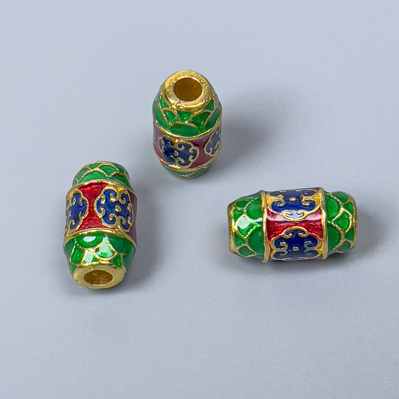 Cloisonné Barrel Bead in Green, Blue and Red Enamel, 8×14 mm, 3 mm hole, Gold-tone metal, 1 pc