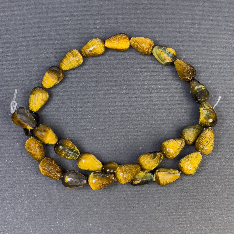 Tiger's Eye teardrop beads, natural stone, 15x10 mm ±, hole diameter 1 mm ±, length 40 cm ±