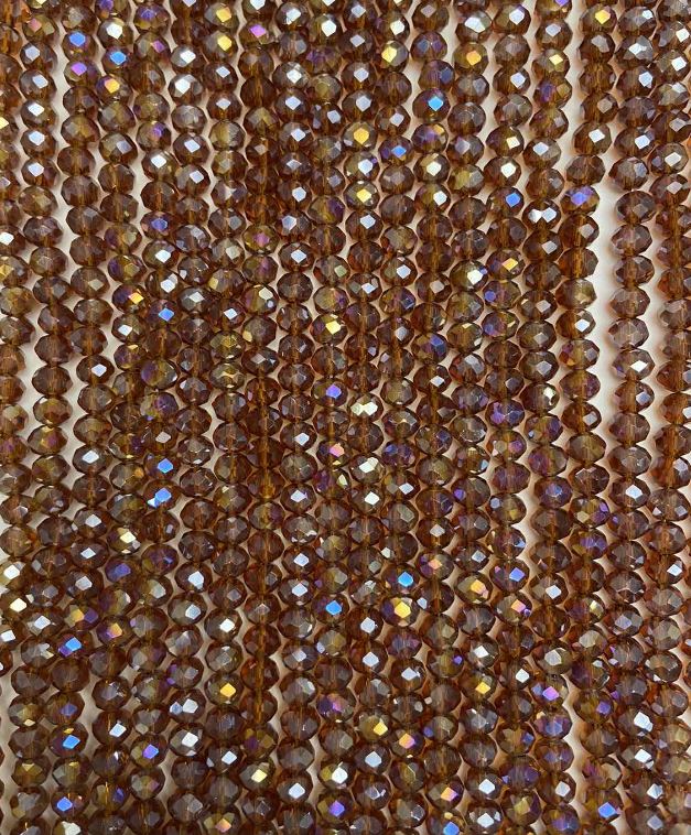 Beads Czech Crystal on Thread, Brown Transparent with Gasoline Finish, Faceted Rondelle, 6×5 mm, Length 40–41 cm