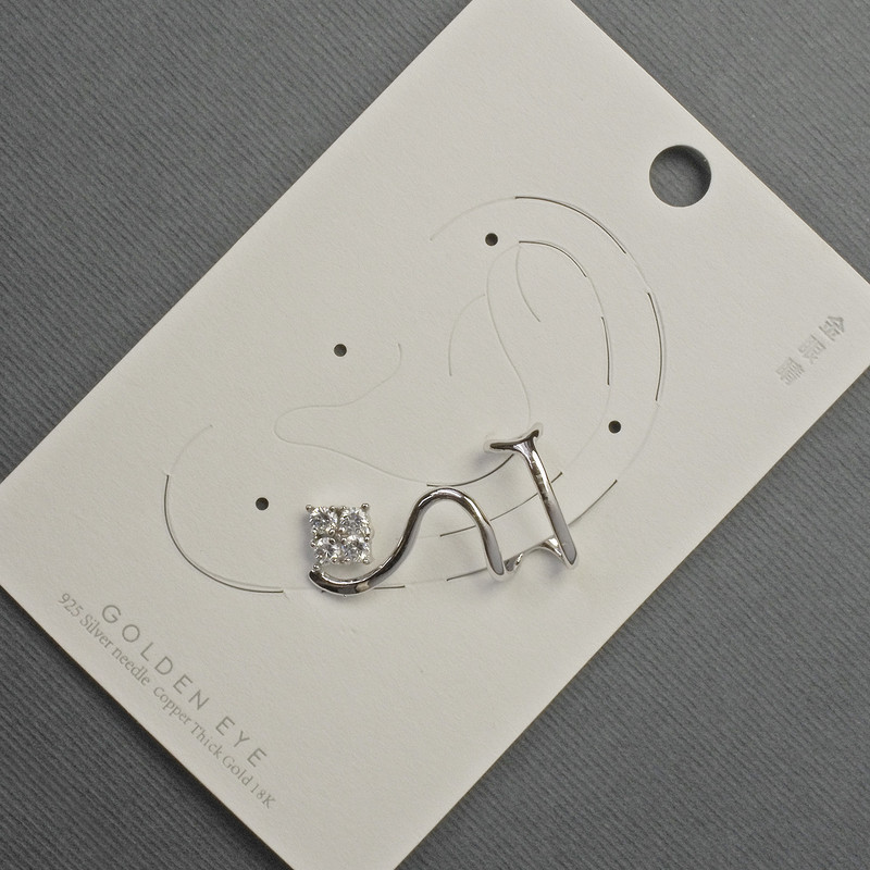 Clip-on earring for the ear in silver-tone metal, 16x28 mm, ± white crystals