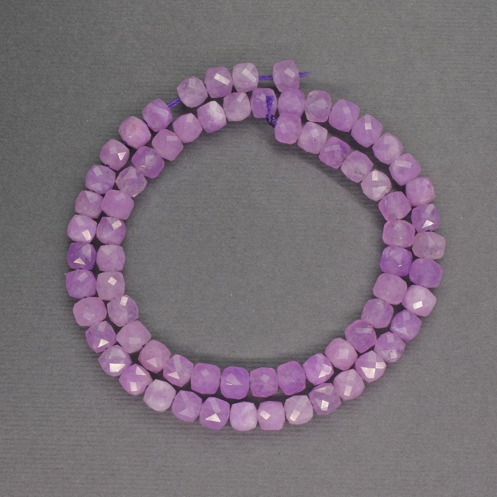 Kunzite natural gemstone beads, faceted cube-cut, 5 mm diameter, 37 cm length