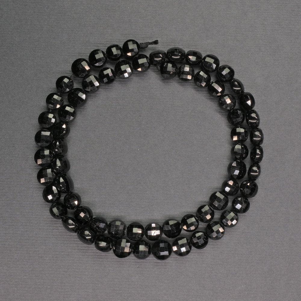 Beads Natural Stone Black Tourmaline, Faceted Coin, 6x4 mm, 39 cm Length