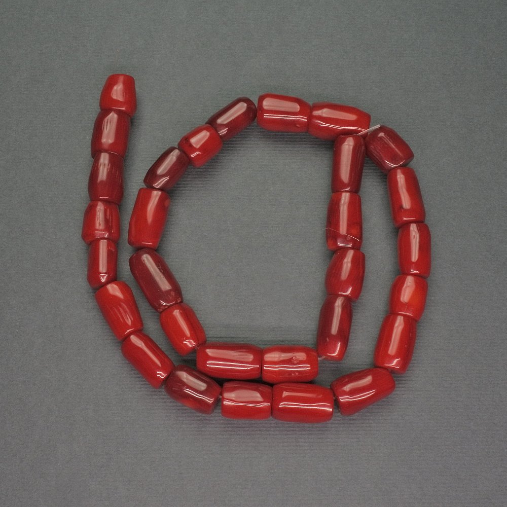 Beads of natural red coral, cylinder-cut, diameter 9x15mm, length 40 cm