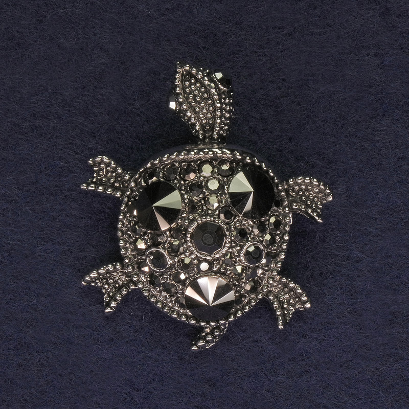 Brooch Turtle, dark silver color, gray crystals, silver-toned metal, 36×31 mm+