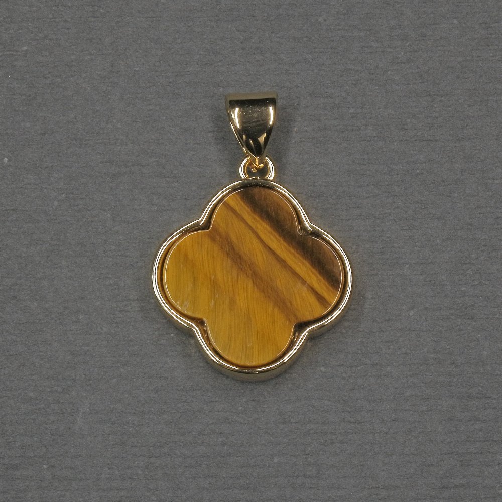 Clover pendant with Tiger's Eye inset, 16x18x4 mm, gold-tone metal