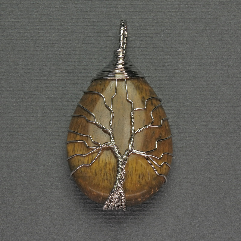 Drop Pendant with Tiger's Eye, 24x35x48 mm - braided in silver-plated metal