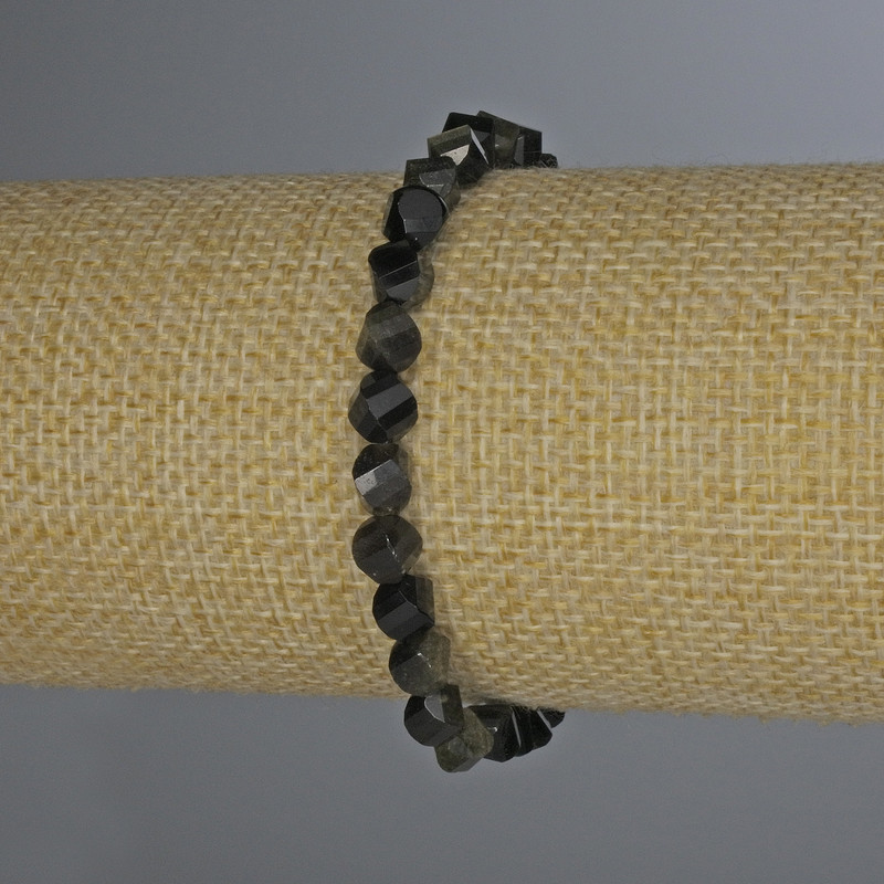 Sun Obsidian Bracelet with Faceted Rhombus Beads, 6x5 mm, 18 cm Length, Stretch