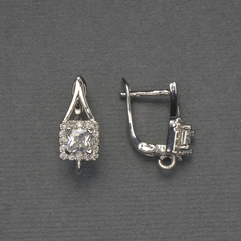 Earring posts with White Rhinestones, Silver-Tone Metal, 17x7 mm – Pair