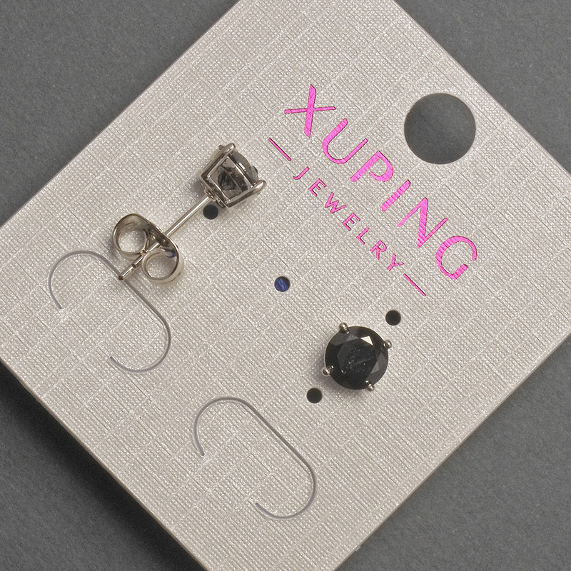 Xuping stud earrings with black crystal, 6 mm diameter, rhodium-plated