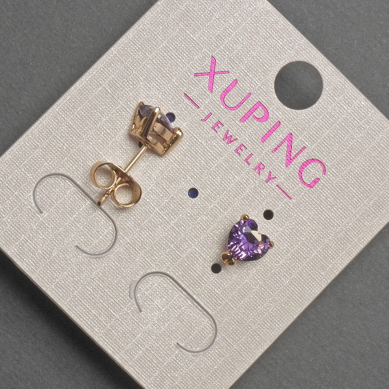 Xuping Heart-shaped stud earrings with purple crystal, 7 mm diameter, 18K gold plating