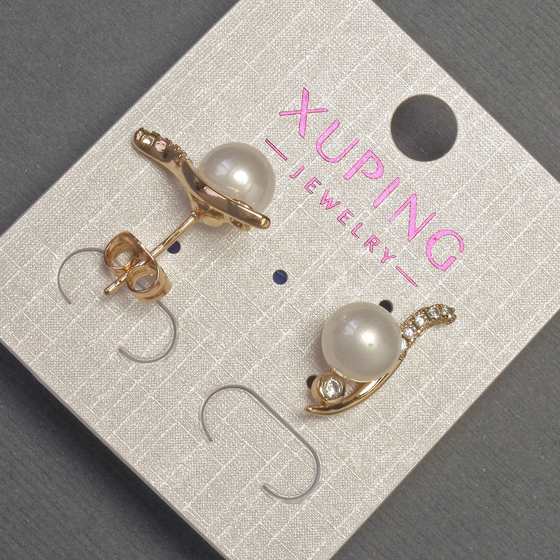 Xuping Stud Earrings with White Crystals and Pearl, 9 mm Diameter, 20 mm Length, 18K Gold Plating