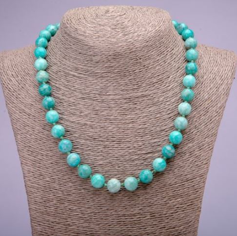 Amazonite natural stone necklace with smooth beads, diameter 10 mm (±), length 45 cm
