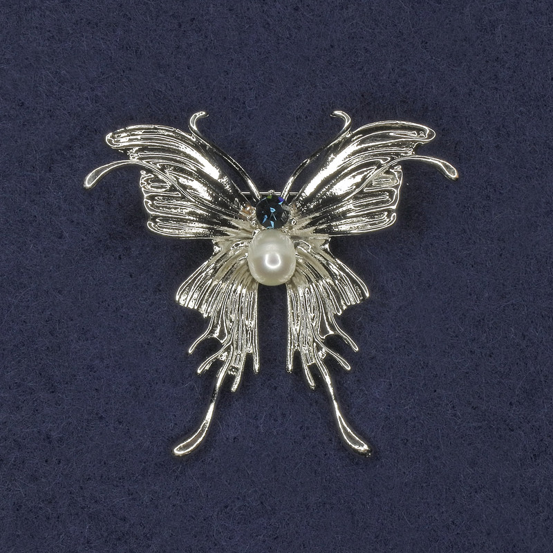 Butterfly Brooch with Blue Crystal and Pearl, Silver-Colored Metal, 40x44mm+