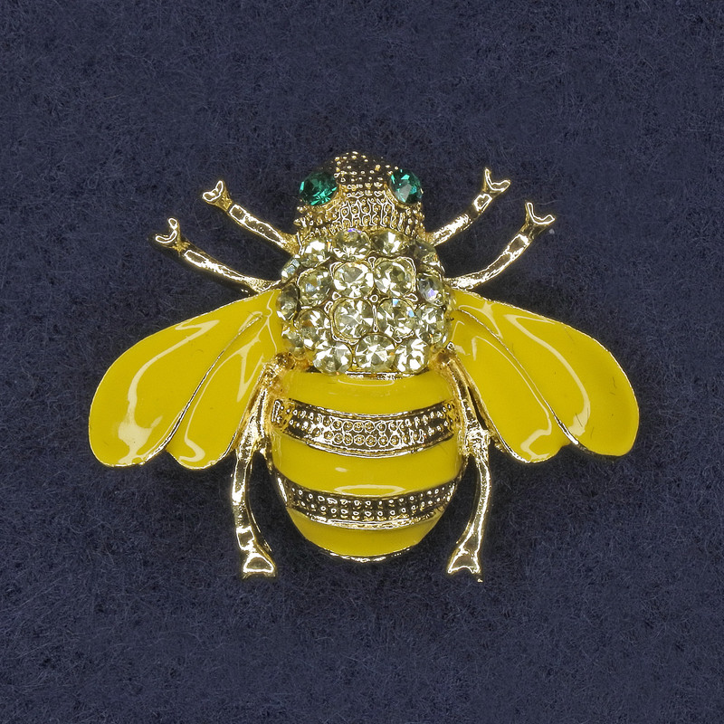 Bee Brooch yellow enamel white and green crystals gold-tone metal 25×30 mm+