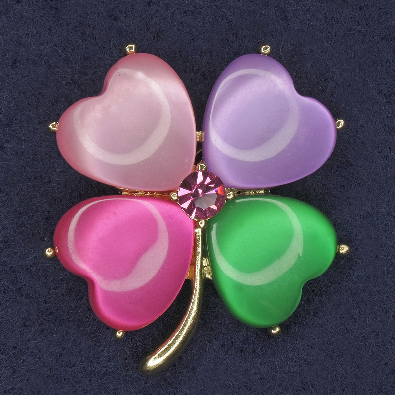 Brooch Shamrock multicolored Cat's Eye pink crystal gold-tone metal, diameter 36x40 mm +