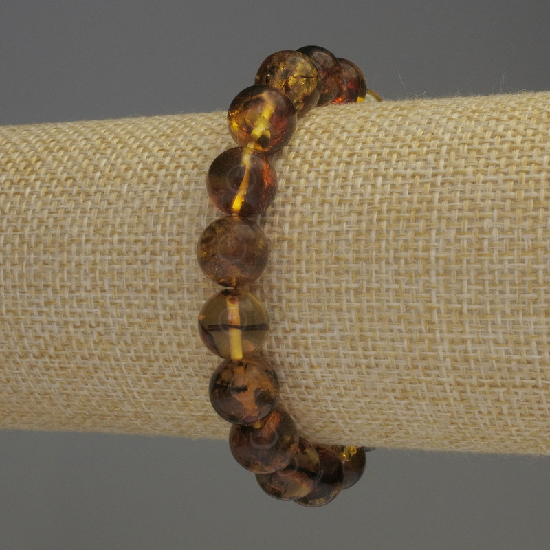 Amber Bracelet with Smooth Beads, 9.5 mm Diameter, 18 cm Length, Stretch