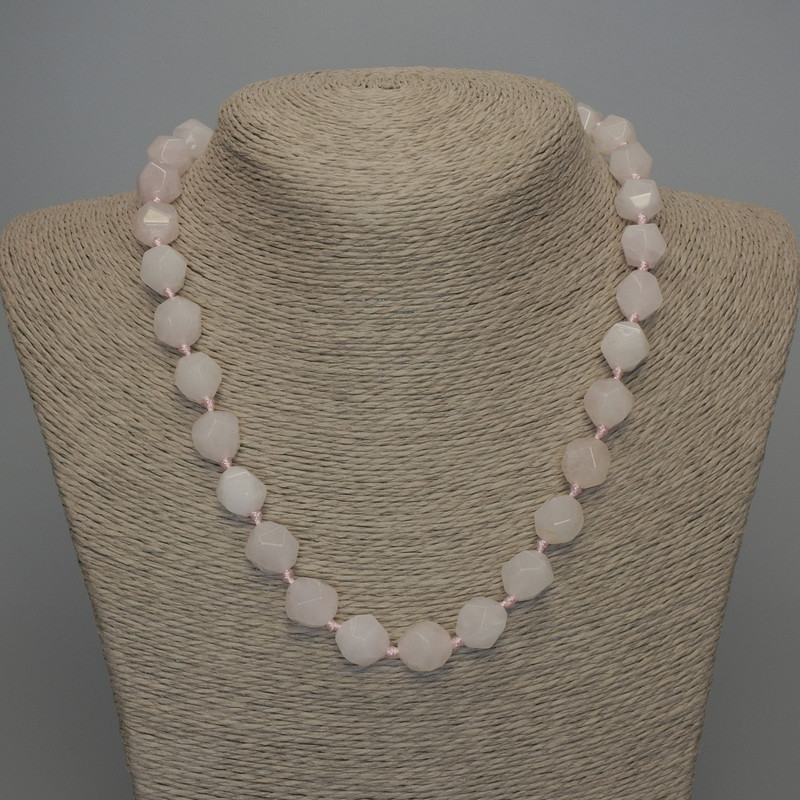 Pink quartz necklace with facets, 12x10 mm, length 50 cm