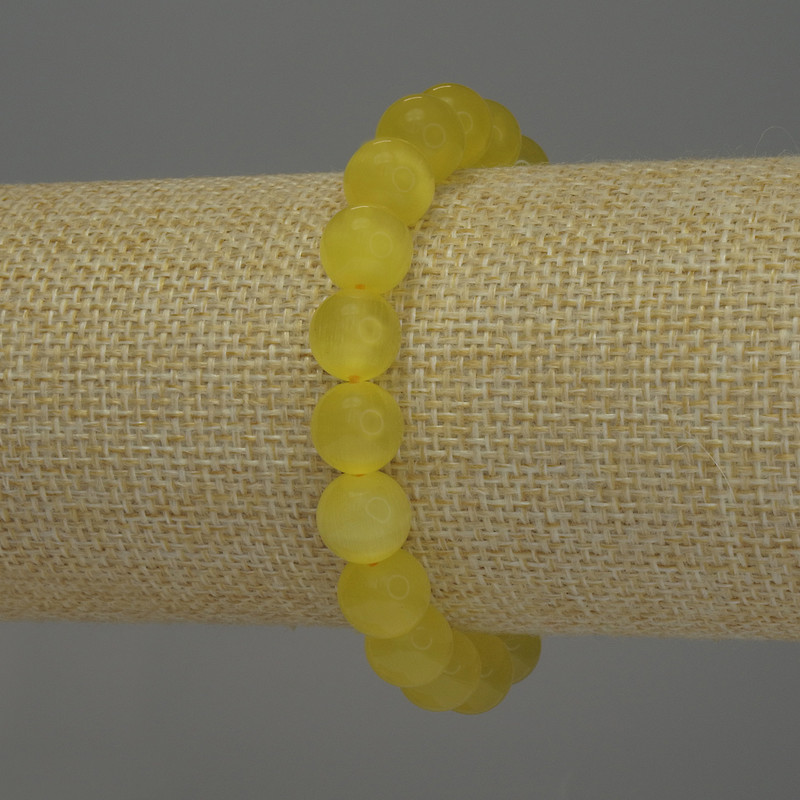 Yellow Cat's Eye Bracelet with Smooth Beads, 10 mm Diameter, 18 cm Stretchy Length