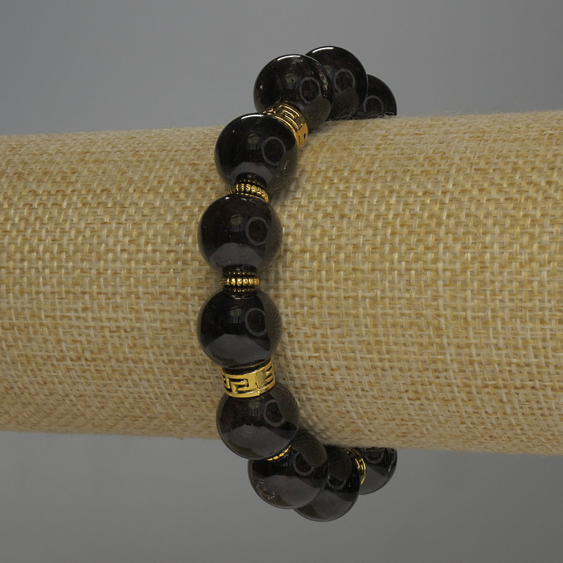 Garnet bracelet with smooth beads, 12 mm diameter, 18 cm length, stretch base with metal inserts