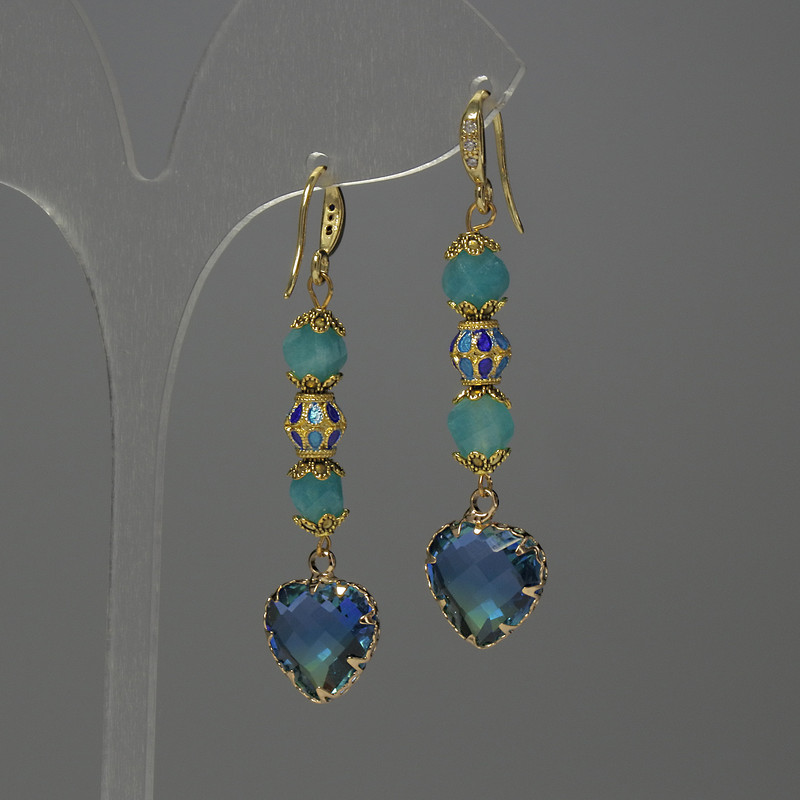 Aquamarine Earrings with Faceted Diamond-Shaped Stone, approximately 7×5 mm diameter; Cloisonné 7 mm; Crystal in Bezel 12 mm; Total length approximately 50 mm