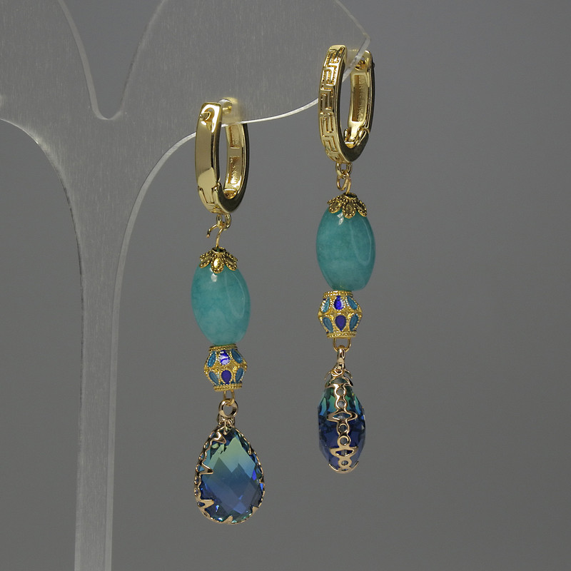 Earrings Aquamarine Seed, 12 mm diameter; Cloisonné 6 mm; Crystal in setting 14×10 mm; Length 58 mm