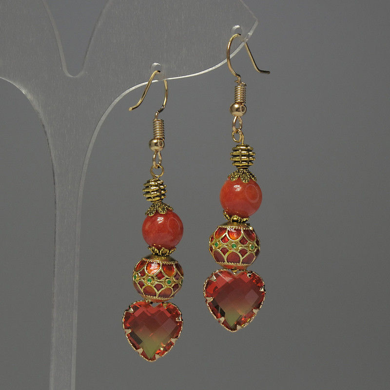 Coral and Cloisonné Earrings