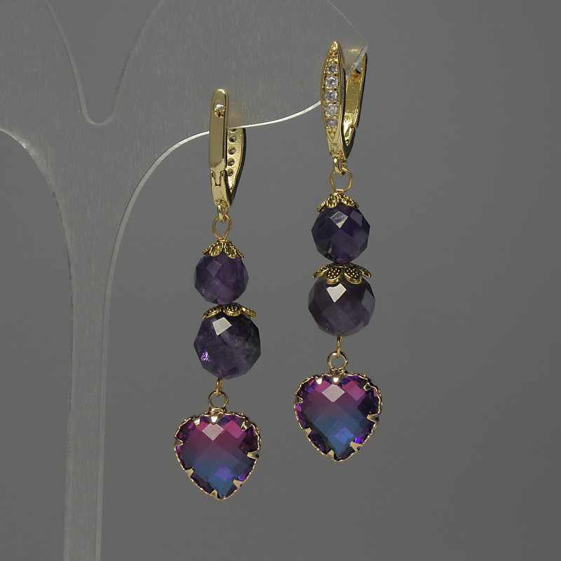 Amethyst Earrings with Faceted Bead, diameter 8–9 mm, crystal in bezel 12 mm, length approximately 56 mm